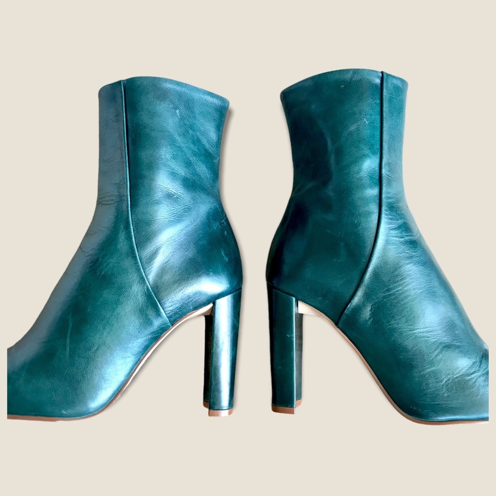 Zara Dark Green Genuine Leather Heeled Retro Minimalist Modern Cute Ankle Bootie - Picture 12 of 16